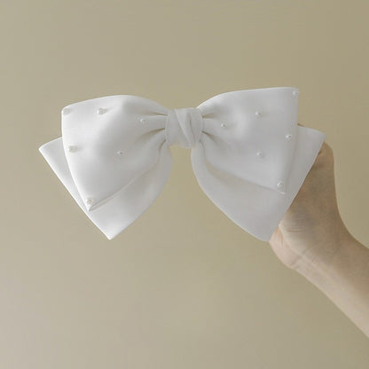 White Matte Satin Pearl Double-Layer Bow Hair Clip for Girls – Bridal/Flower Girl, 18cm