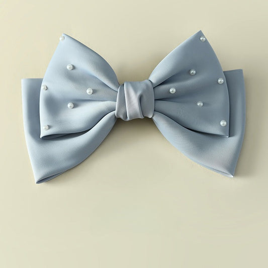 Blue Matte Satin Pearl Double-Layer Bow Hair Clip for Girls – Bridal/Flower Girl, 18cm