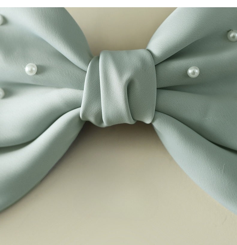 White Matte Satin Pearl Double-Layer Bow Hair Clip for Girls – Bridal/Flower Girl, 18cm