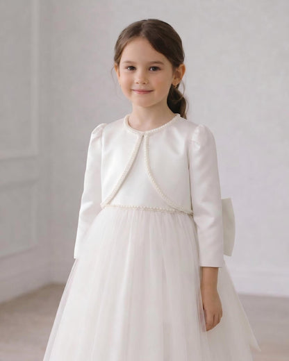 Luxury Girls Satin Bolero Shrug - Pearl Trim Flower Girl Dress Jacket