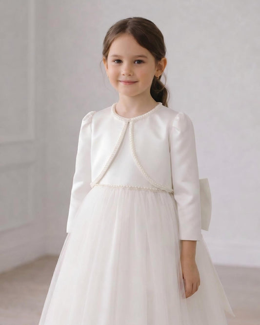 Luxury Girls Satin Bolero Shrug - Pearl Trim Flower Girl Dress Jacket