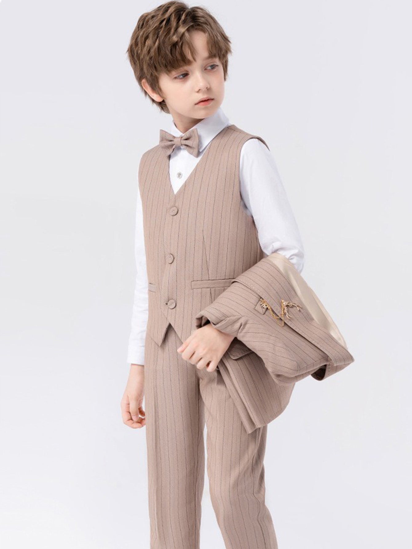 Boys Tonal Pinstripe Vest Set (5-Piece) – Ring Bearer & Beach Wedding Outfit