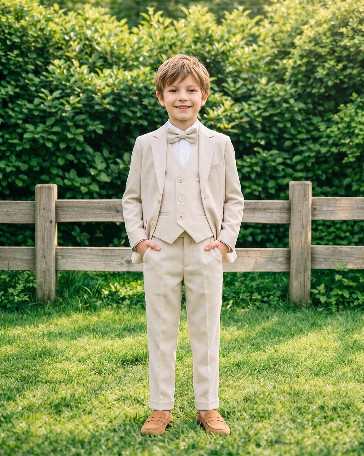 Front view of a smiling boy wearing a premium beige ring bearer suit with matching bow tie.