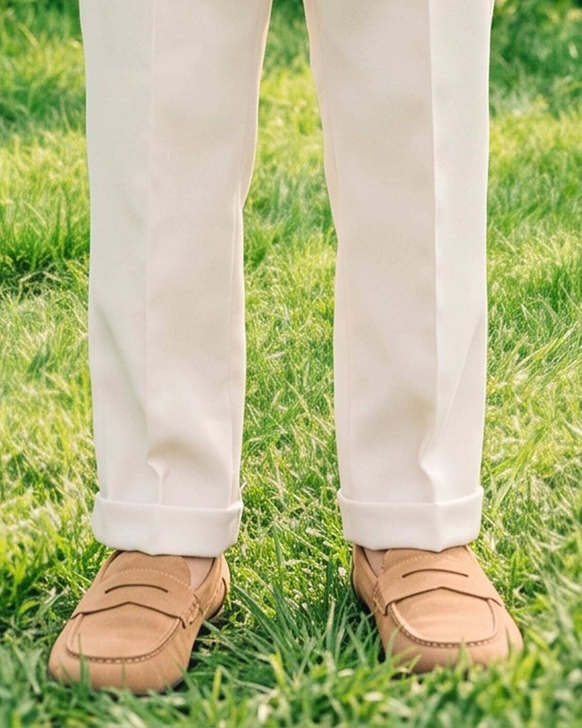 Detail shot of Little Ivory boy's formal cream beige dress pants hem. Shows the neatly cuffed trouser hem with a sharp crease, paired with tan suede loafers on green grass for an outdoor wedding.