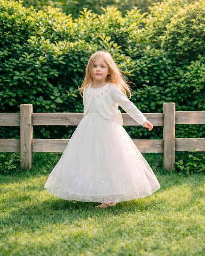 Full length view of a little girl twirling in a white tulle ballgown layered with a cropped ivory cotton knit formal bolero shrug jacket.